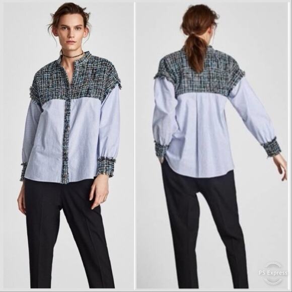 Zara Tweed Striped Button Down Shirt Size Extra Small XS - Picture 1 of 13